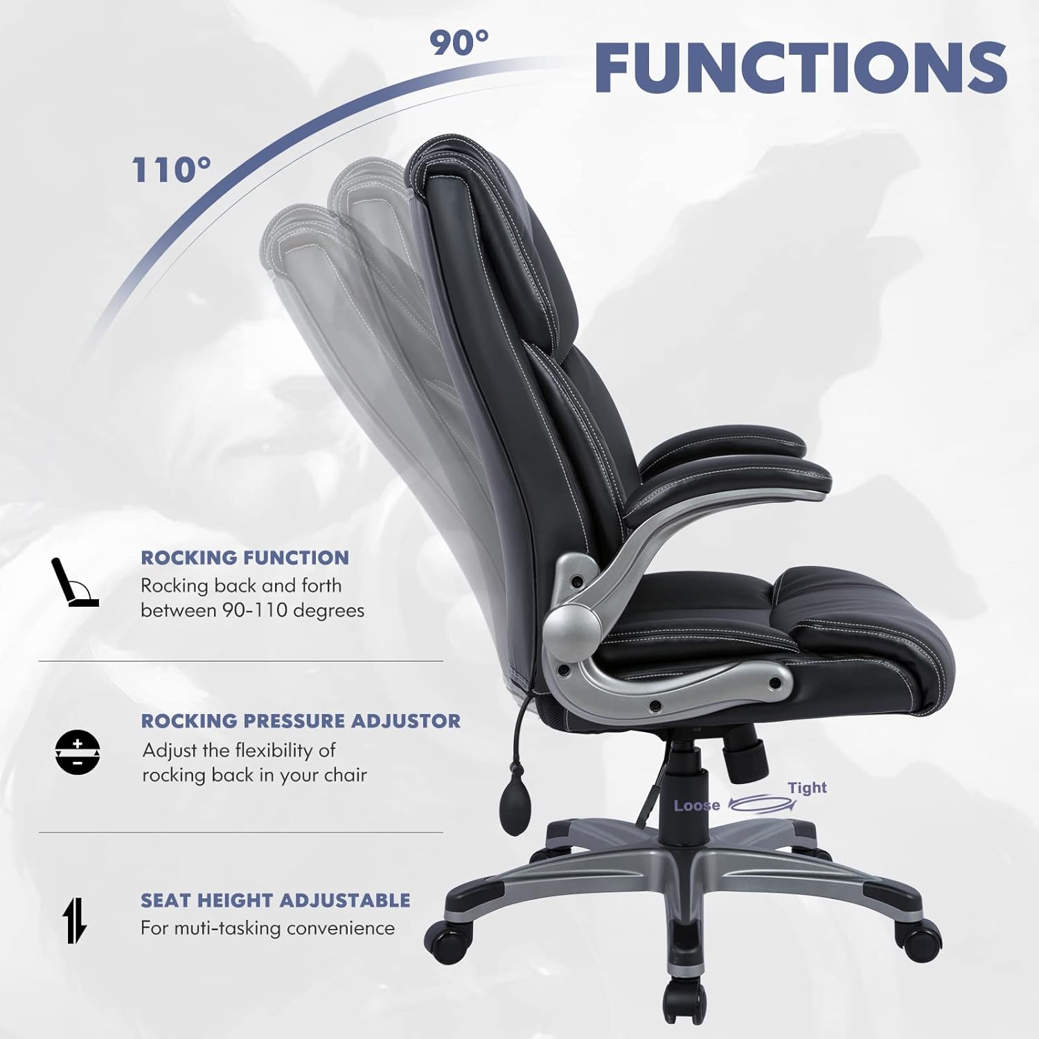 COLAMY High Back Executive Office Chair - Padded Leather Ergonomic Computer Desk Chair with Inflatable Lumbar Support & Flip-Up Arms, Adjustable Tilt Lock Swivel Task Chair for Home Office, Black - Image 6