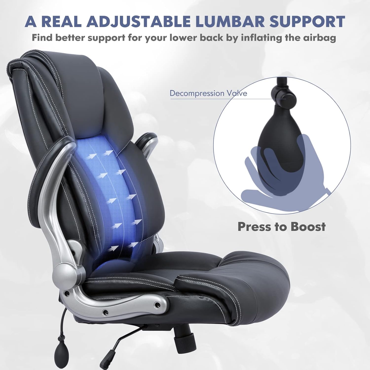 COLAMY High Back Executive Office Chair - Padded Leather Ergonomic Computer Desk Chair with Inflatable Lumbar Support & Flip-Up Arms, Adjustable Tilt Lock Swivel Task Chair for Home Office, Black - Image 4