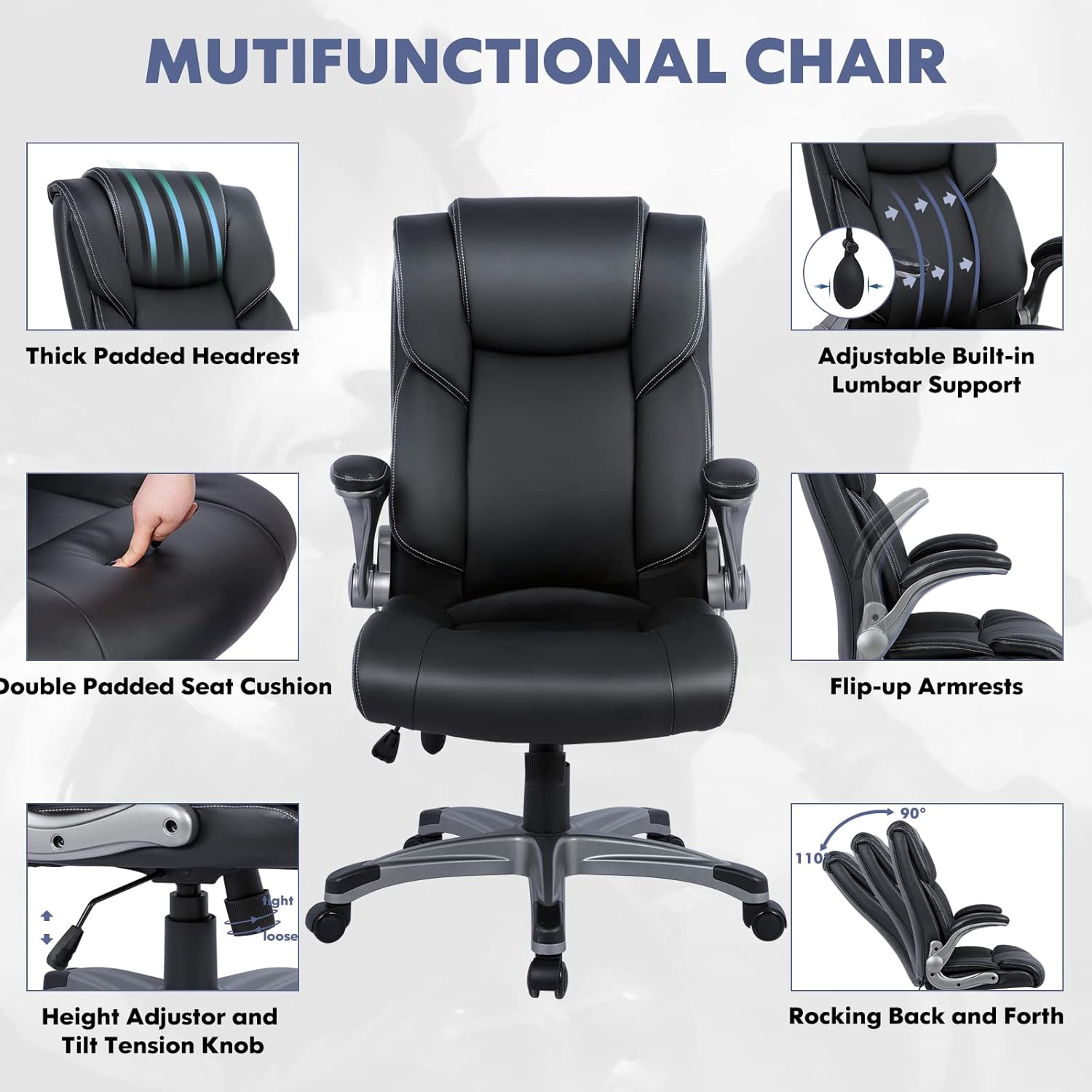 COLAMY High Back Executive Office Chair - Padded Leather Ergonomic Computer Desk Chair with Inflatable Lumbar Support & Flip-Up Arms, Adjustable Tilt Lock Swivel Task Chair for Home Office, Black - Image 5