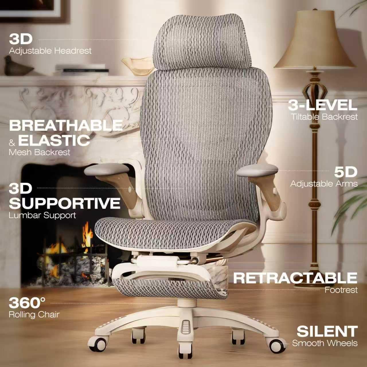 ELABEST X100 Ergonomic Office Chair with Footrest, Big and Tall Home Desk Chair with 5D Flip-Up Arms, Adjustable 3D Lumbar Support,High Back Rolling Computer Chair, Swivel Mesh Chairs (Foggy Morning) - Image 3