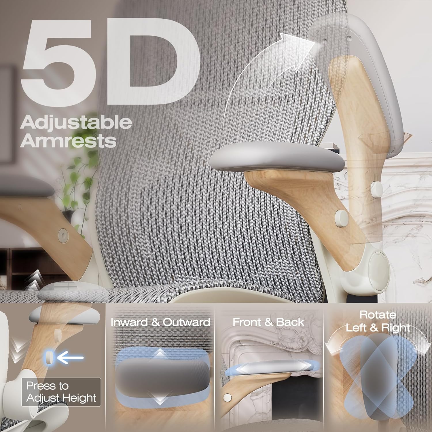 ELABEST X100 Ergonomic Office Chair with Footrest, Big and Tall Home Desk Chair with 5D Flip-Up Arms, Adjustable 3D Lumbar Support,High Back Rolling Computer Chair, Swivel Mesh Chairs (Foggy Morning) - Image 4