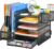 Marbrasse Desk Organizer with File Holder, 5-Tier Paper Letter Tray Organizer with Drawer and 2 Pen Holder, Mesh Desktop Organizer and Storage with Magazine Holder for Office Supplies(Black)
